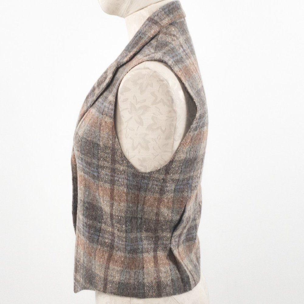Vintage 70s S Tailored Wool Plaid Suit Vest Top - Picture 3 of 11